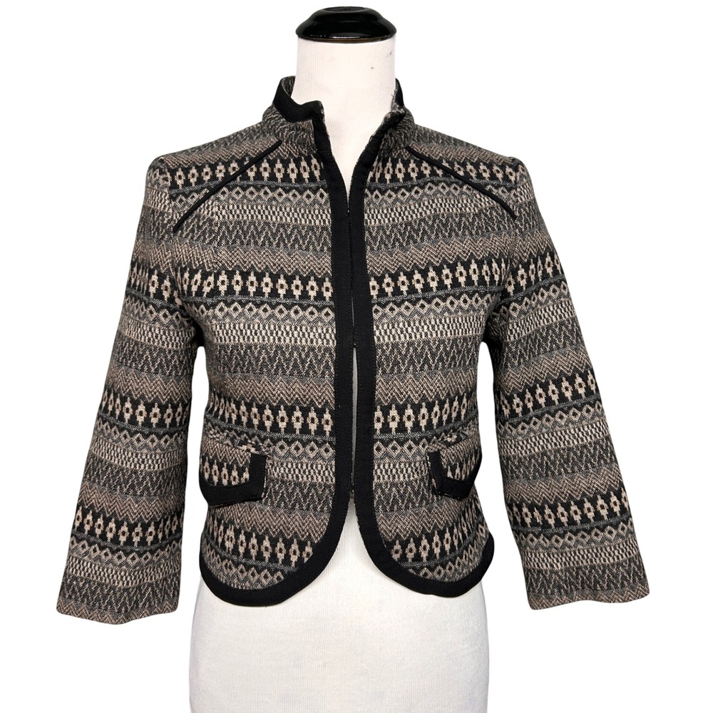 Zara TRF Jacket Womens S Brown Geometric Wool Blend Open Front Cropped Blazer